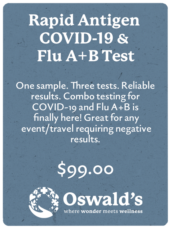 Drive Up Covid And Flu A B Testing Page banner. Image and description of the test with price. Oswald's where wonder meets wellness logo at bottom of page.