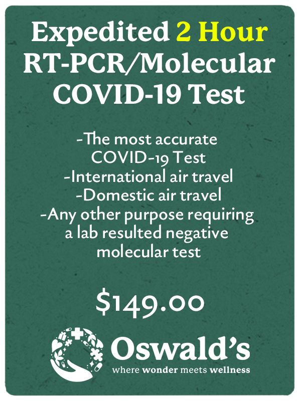 Rapid 1 Hour PCR/Molecular Drive Up COVID-19 Testing Coming Soon button image. Image of the title and a $199 price over the Oswald's logo.