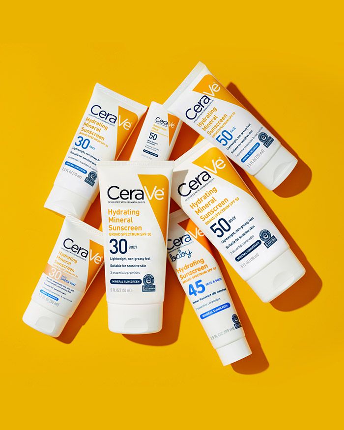 Cerave Hydrating Mineral Sunscreen Body Lotion. Photo of different types of Cerave sunscreen.