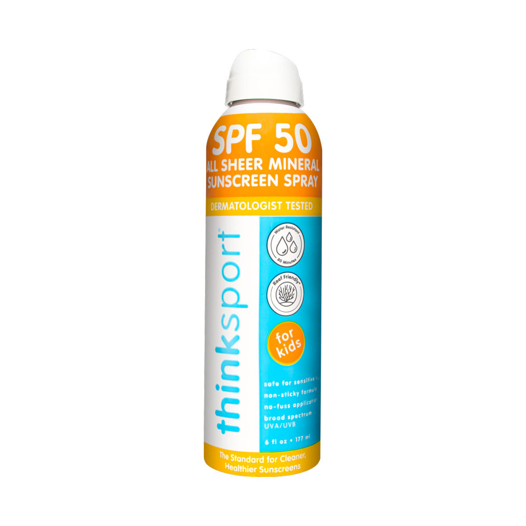 ThinkSport Kids All Sheer Mineral Sunscreen Spray. Photo of the sunscreen spray can.
