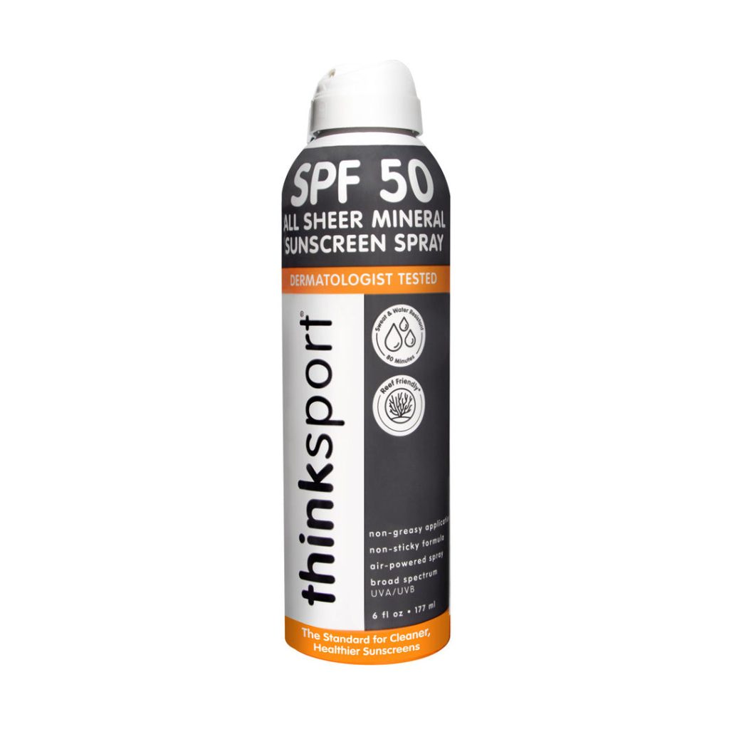 Thinksport All Sheer Mineral Sunscreen Spray SPF 50. Photo of the sunscreen spray can.