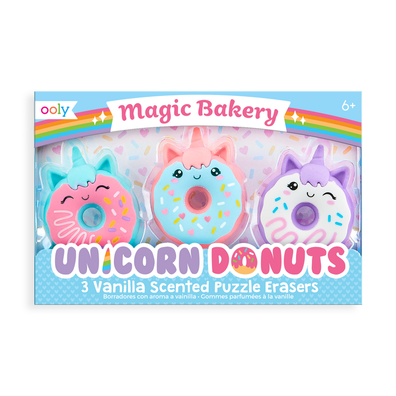 Ooly Unicorn Donuts Scented Erasers. Photo of the 3 erasers in packaging.