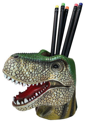 T-Rex Pen Cup. Photo of the pne cup with several pens and pencils in it.