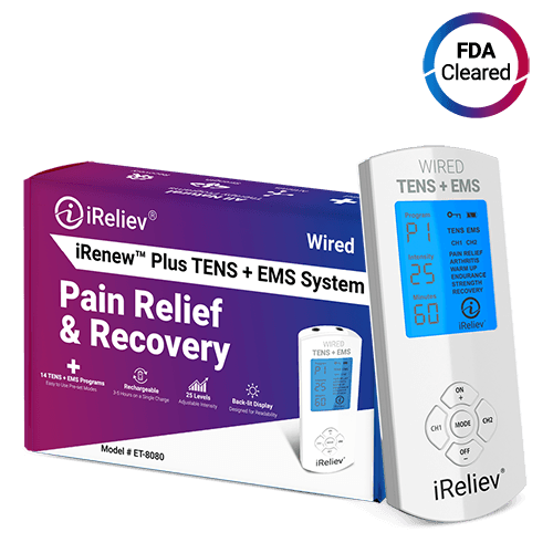 iReliev Premium TENS + EMS Pain Relief & Recovery. Photo of the unit outside the packaging.