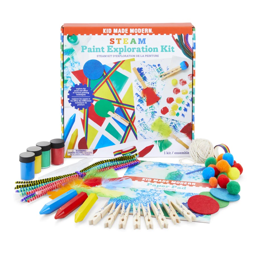 STEAM paint exploration kit. Photo of the contents of the paint kit in front of the box.