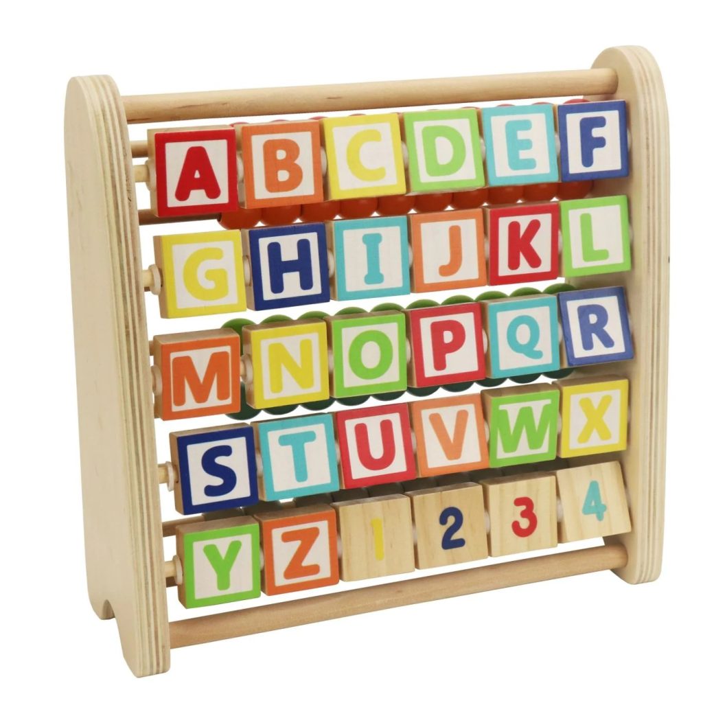 Alphabet Abacus. Photo of a box toy with an alphabet on one side and a abacus on the other.