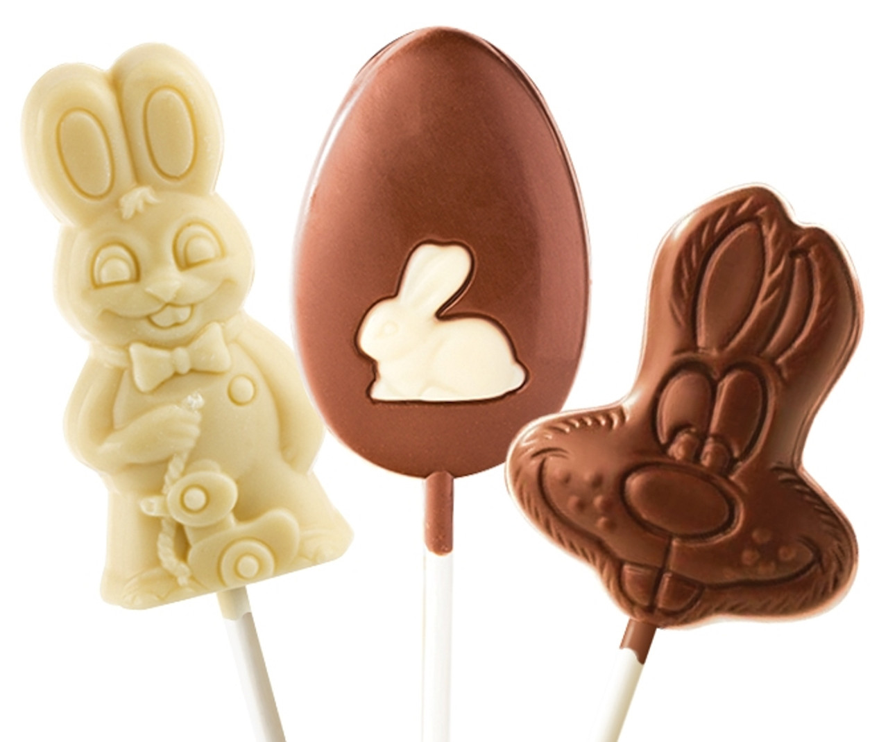 Easter Chocolate Lollipop Collection. Photo of 3 different styles of chocolate Easter lollipops.