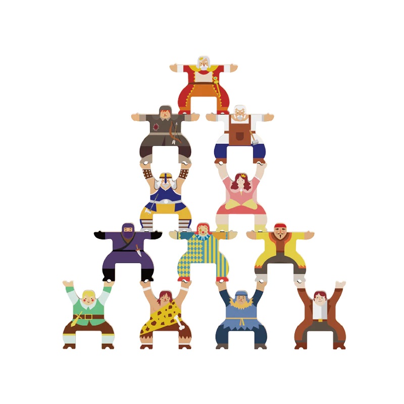 Wooden Balance Stacking Game. Photo of 10 individually-painted stacking toys stacked into a pyramid shape.