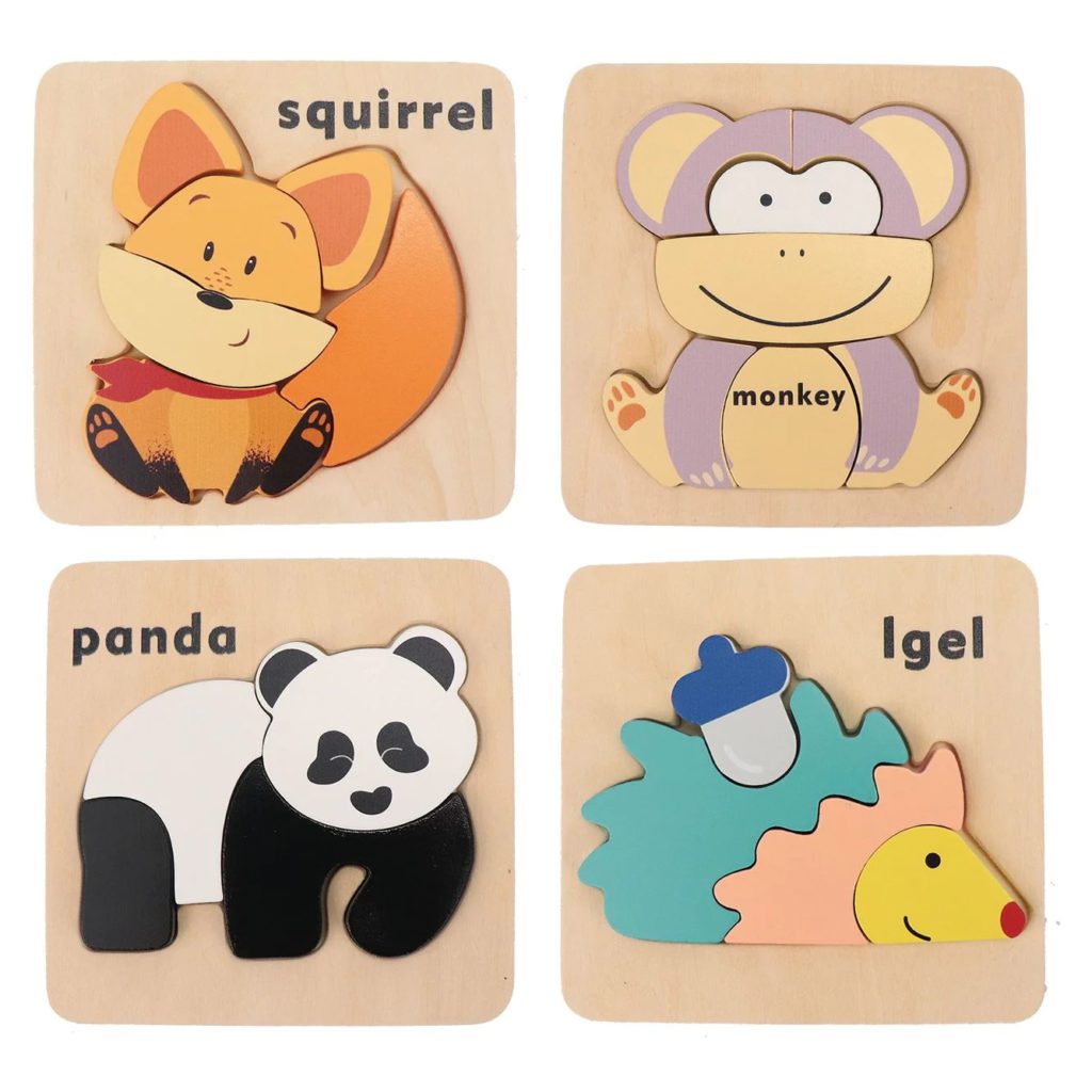 Zoo Animal Puzzle Kit. Photo of a wooden puzzle toy with 4 different mix and match animals (Fox, Monkey, Panda, Porcupine).