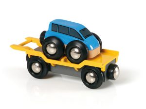 BRIO Car Transporter. Image of the toy car transporter with a toy car loaded on top.