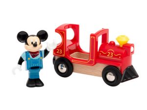 BRIO Mickey Mouse & Engine. Image of the toy train car next to Mickey Mouse.