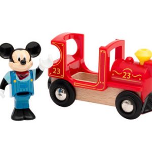 BRIO Mickey Mouse & Engine. Image of the toy train car next to Mickey Mouse.