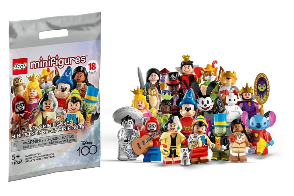 LEGO Disney Minifigures. Photo of the LEGO packaging next to an assortment of figures that are available.