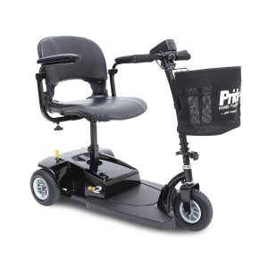 Pride Go-Go ES2 mobility scooter. Photo of the mobility scooter with front basket accessory.