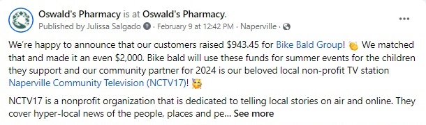 Bike Bald Community Partner 2023 Totals. Photo of the Facebook Message from Bike Bald about money raised by Oswald's Pharmacy.