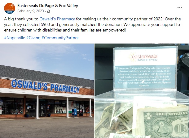  Photo of the Facebook Message from Easter Seals about money raised by Oswald's Pharmacy.