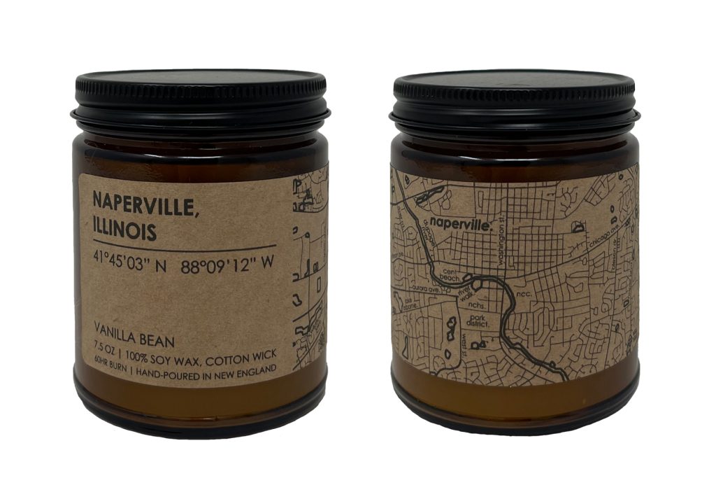 Naperville Map Candle. Photo of the candle from 2 sides.