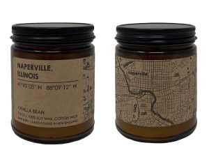 Naperville Map Candle. Photo of the candle from 2 sides.