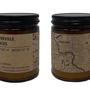 Naperville Map Candle. Photo of the candle from 2 sides.