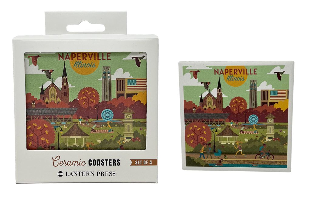 Naperville Coasters. Photo of a coaster next to the coaster 4 pack.