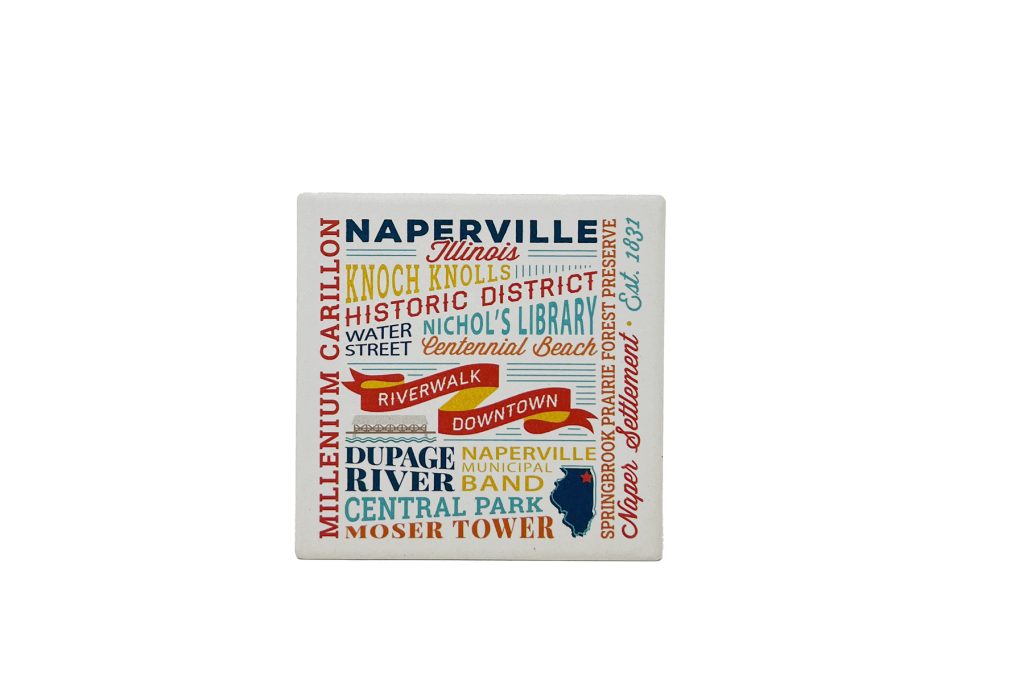 Naperville Coaster words style. Photo of a single coaster.