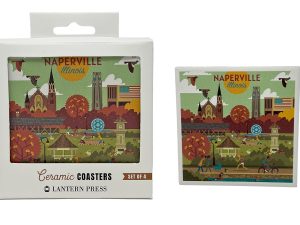 Naperville Coasters. Photo of a coaster next to the coaster 4 pack.