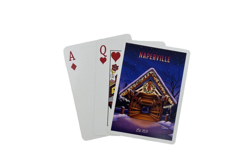 Naperville Playing Cards Christmas style. Photo of the cards and card back.