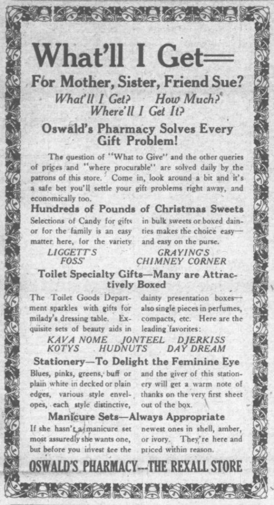 Vintage Christmas Ad 1924 December. Scanned image of an Oswald's Christmas advertisement from 1924.