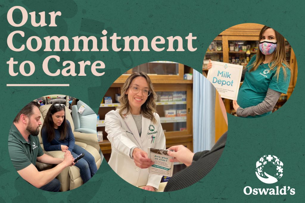 Pharmacists Blog February 2025 Our Commitment to Care features 3 images of Oswald's Employee's helping customers