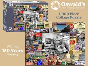 Oswald’s Pharmacy 1,000-piece collage puzzle featuring historic photos, vintage advertisements, and pharmacy memorabilia.