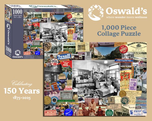 Oswald’s Pharmacy 1,000-piece collage puzzle featuring historic photos, vintage advertisements, and pharmacy memorabilia.