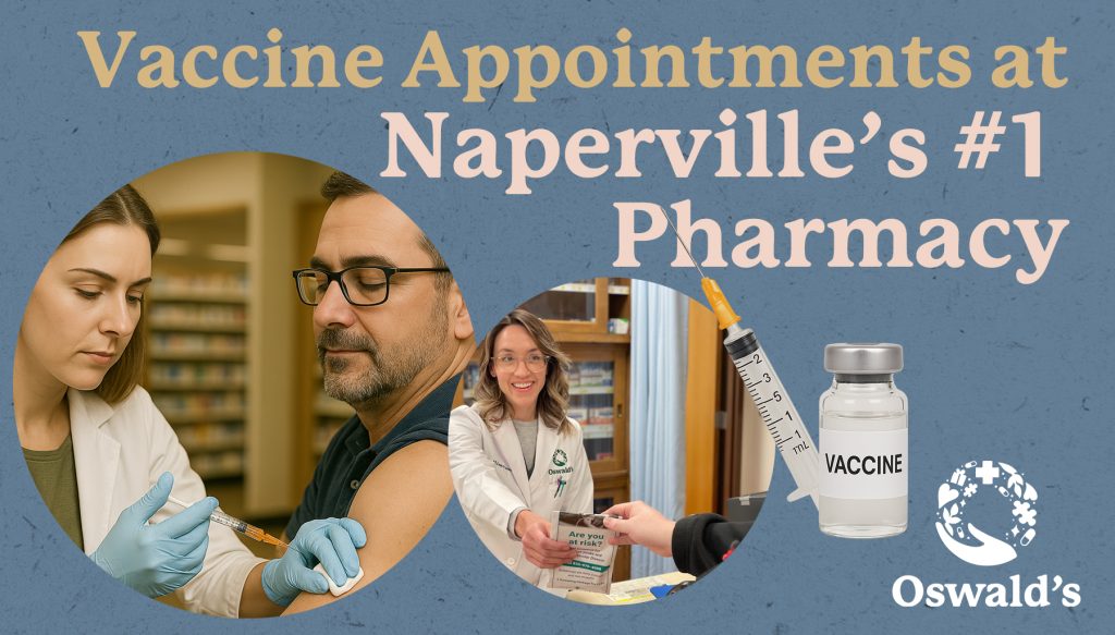 Pharmacist giving a flu shot to a patient at Oswald's Pharmacy, with a vaccine vial and syringe illustration and a smiling pharmacist handing a flyer to a customer.