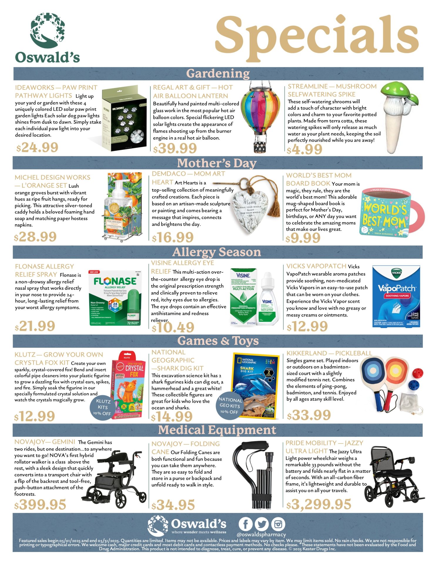 Oswald’s Pharmacy May 2025 Specials flyer featuring product images, prices, and descriptions across categories like Gardening, Mother’s Day, Allergy Season, Games & Toys, and Medical Equipment.