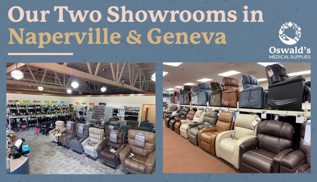 Interior photos of Oswald’s Medical Equipment Showrooms in Naperville and Geneva, showcasing lift chairs and mobility aids on display.