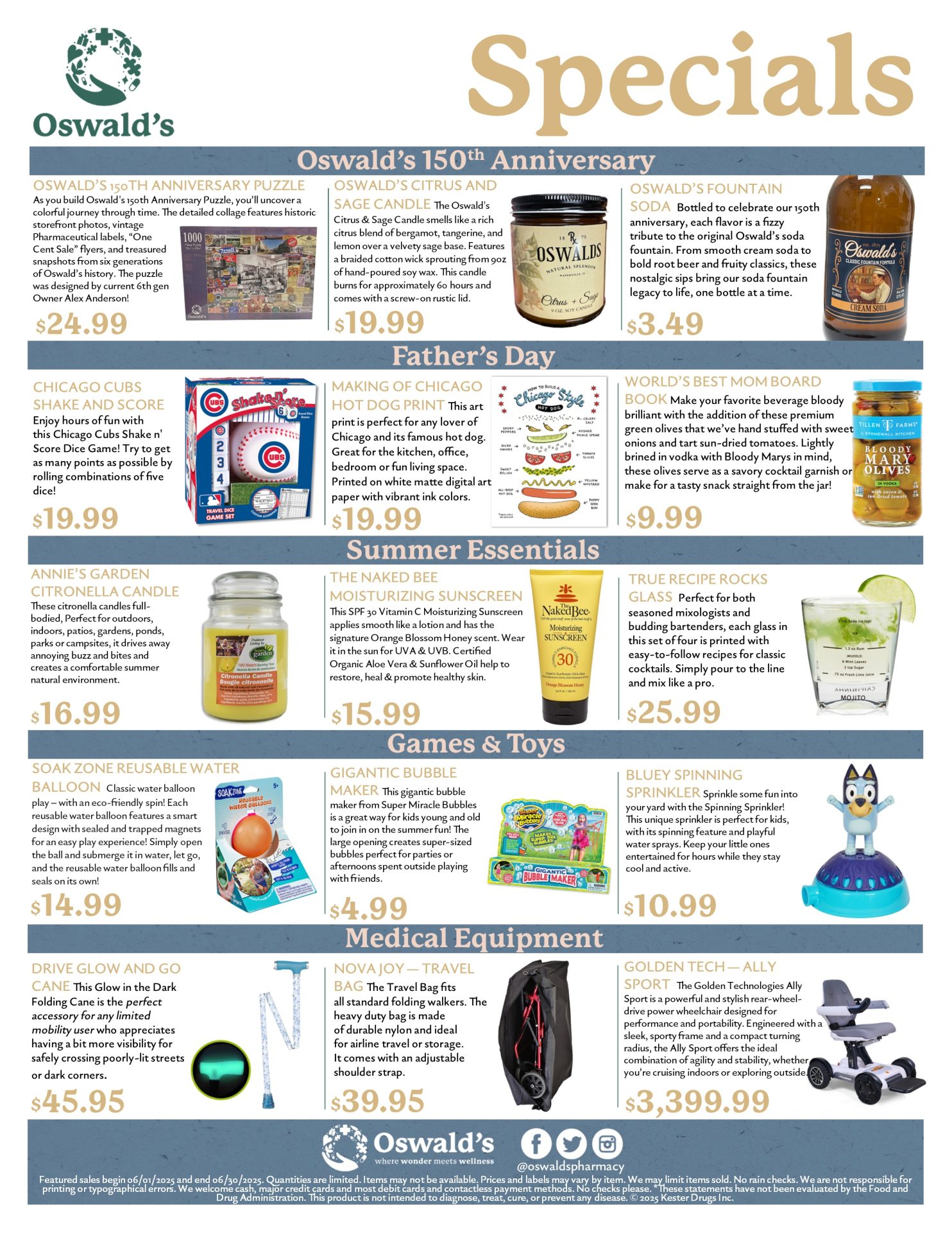 June 2025 sales flyer from Oswald’s Pharmacy featuring 150th anniversary items, Father’s Day gifts, summer essentials, toys, and medical equipment.