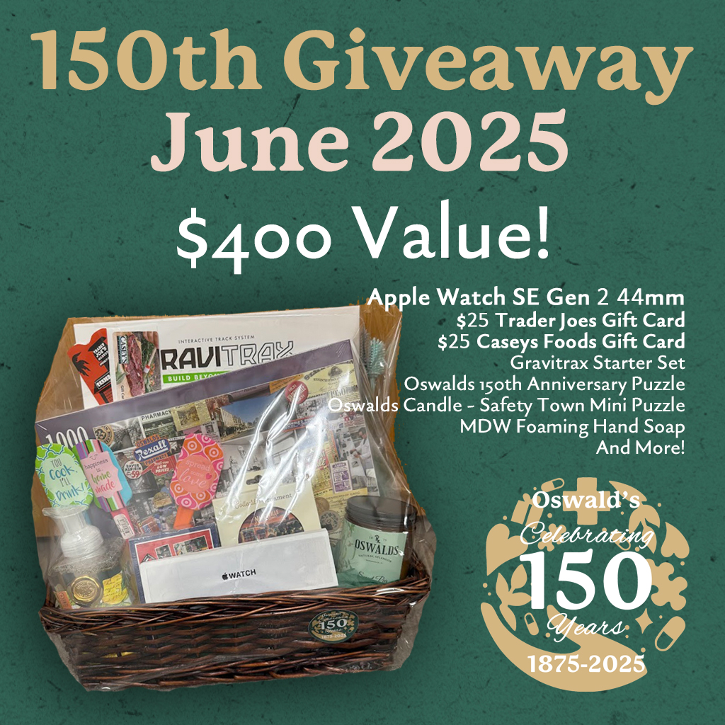 Gift basket with Apple Watch box, puzzles, candles, soap, and gift cards, promoting Oswald’s Pharmacy June 2025 $400 giveaway.