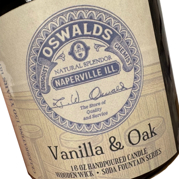 Close-up of Oswald’s Vanilla & Oak Candle label featuring vintage branding and soda fountain-inspired design.