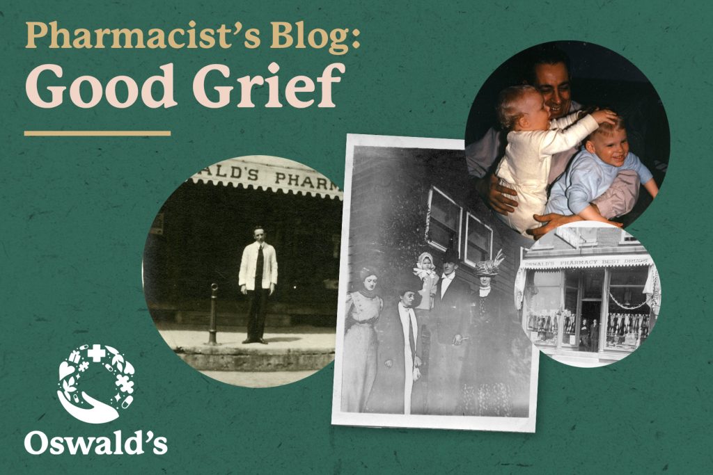 A collage of historical family photos featuring Oswald’s Pharmacy through the decades, including vintage storefronts and candid family moments.