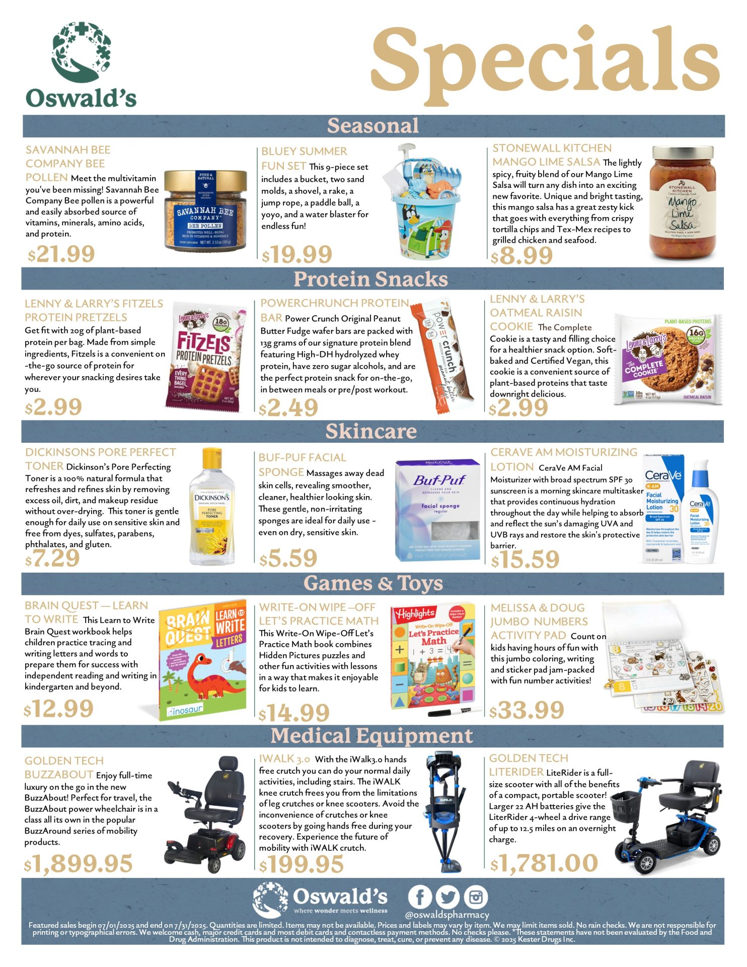 July 2025 Oswald’s Pharmacy sales flyer featuring seasonal items, protein snacks, skincare, toys, and medical equipment specials.