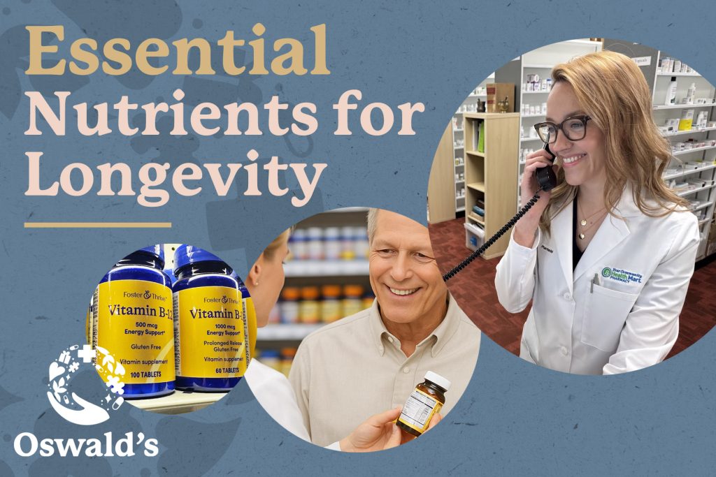 Pharmacist advising a senior on vitamin supplements, alongside B-12 bottles and a smiling pharmacist on the phone.
