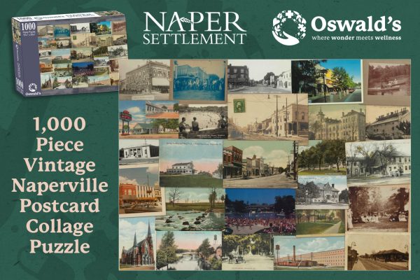 Naper Settlement x Oswald’s Pharmacy Vintage Naperville Postcard Puzzle – 1,000 pieces featuring historic landmarks and postcards.