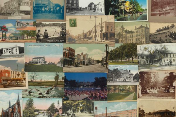 Close-up collage of vintage Naperville postcards featured on the Naper Settlement x Oswald’s Pharmacy 150th Anniversary Puzzle.