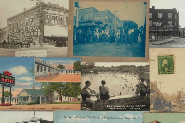 Close-up of the Naper Settlement x Oswald’s Pharmacy Vintage Naperville Postcard Puzzle featuring a vintage bike race, Centennial Beach, and historic Slick & Kochly on Main and Jefferson.