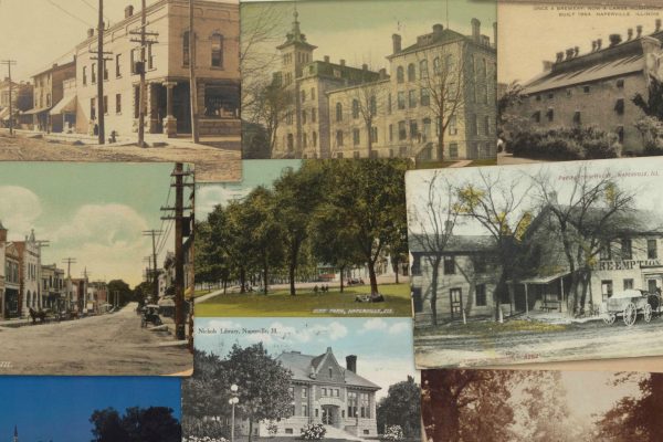 Close-up of the Naper Settlement x Oswald’s Pharmacy Vintage Naperville Postcard Puzzle featuring Old Main at North Central College, Central Park, and Nichols Library.