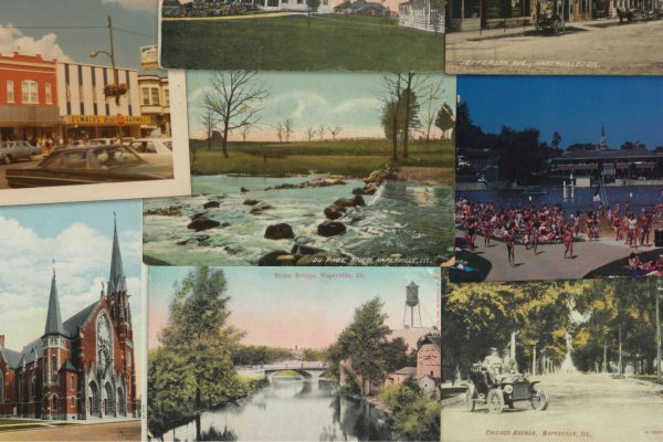 Close-up of the Naper Settlement x Oswald’s Pharmacy Vintage Naperville Postcard Puzzle featuring the DuPage River, Saints Peter and Paul Church, Chicago Avenue, Jefferson Street with Oswald’s Pharmacy, and Centennial Beach.