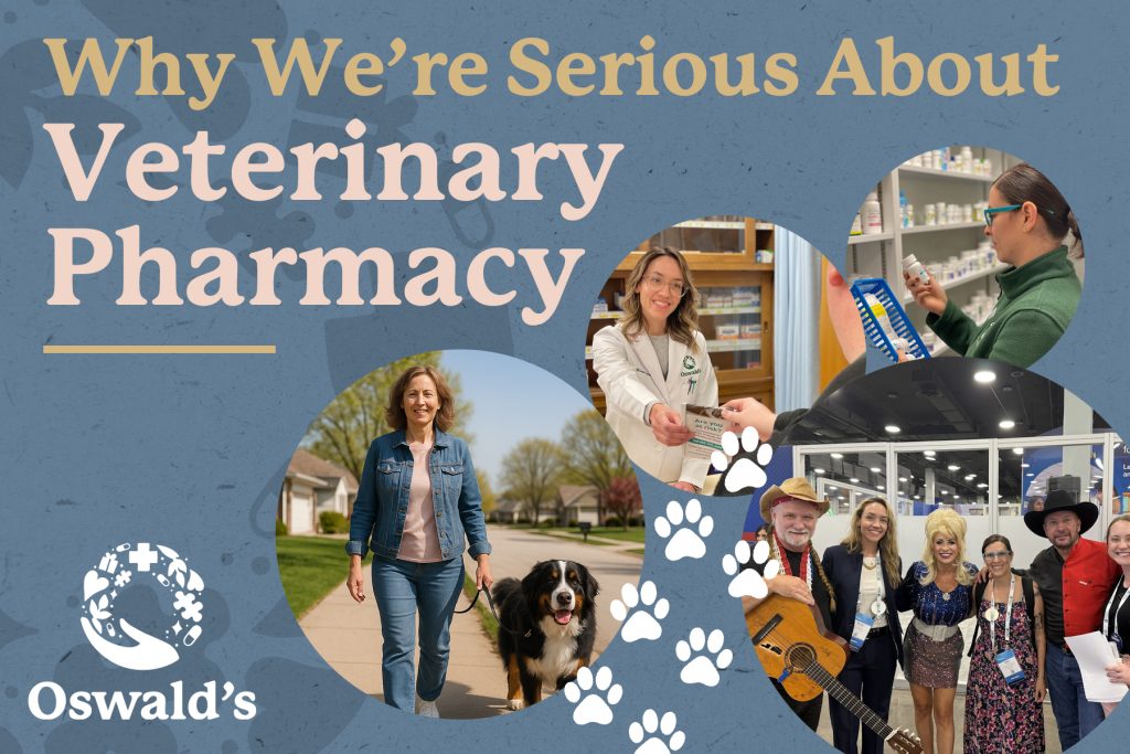 Collage header reading “Why We’re Serious About Veterinary Pharmacy,” with circular photos: a woman walking a Bernese Mountain Dog in a sunny suburb, a pharmacist in a white coat assisting a customer, a team member reviewing a medication bottle, and a conference snapshot; white paw prints and the Oswald’s logo on a blue background.