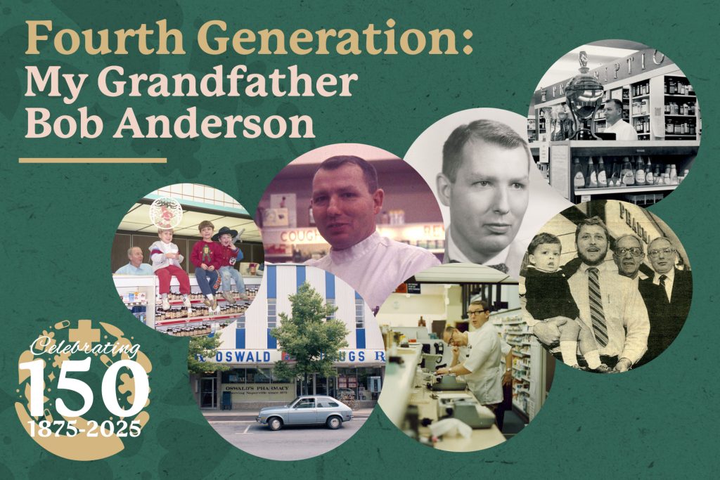 Collage celebrating fourth-generation owner Bob Anderson of Oswald’s Pharmacy—portraits, 1960s–90s pharmacy scenes, Jefferson Ave storefront, and family photos, marking 150 years (1875–2025).