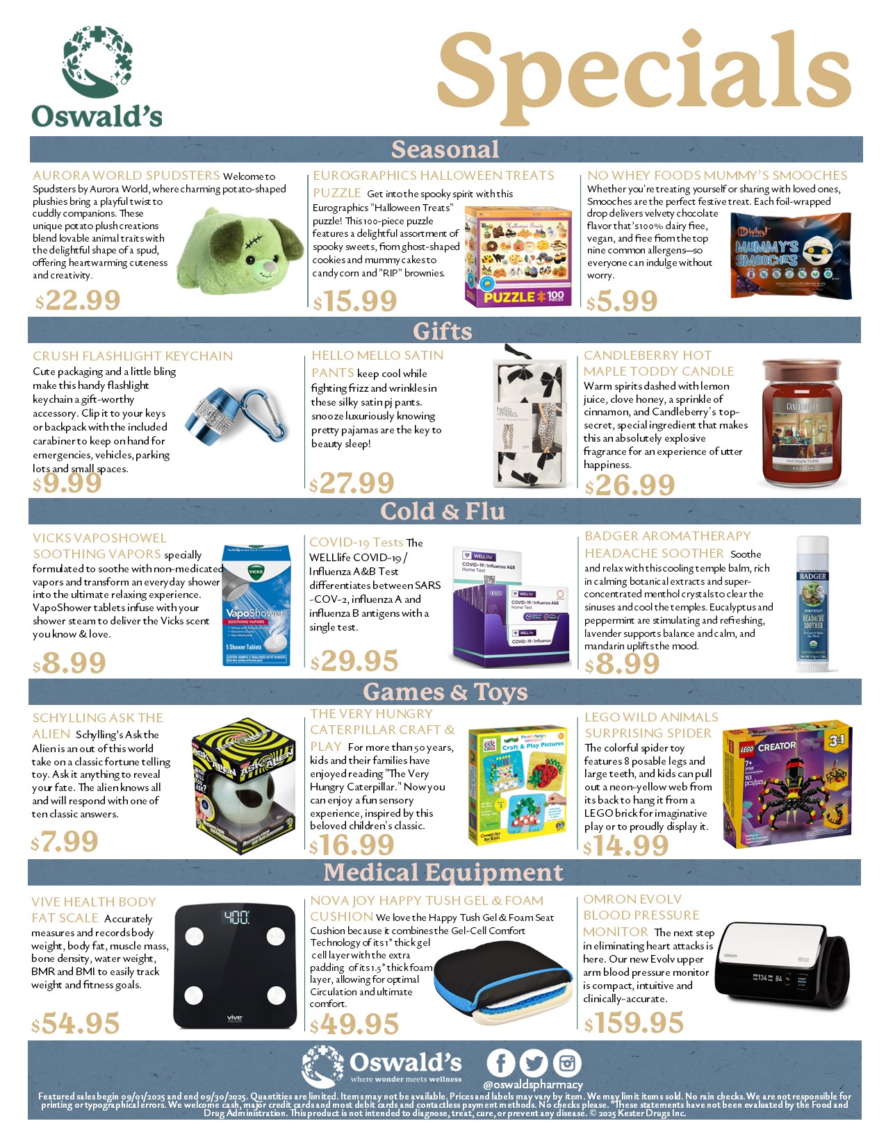 Oswald’s Pharmacy September 2025 sales flyer featuring seasonal items, gifts, cold and flu essentials, toys, and medical equipment specials.